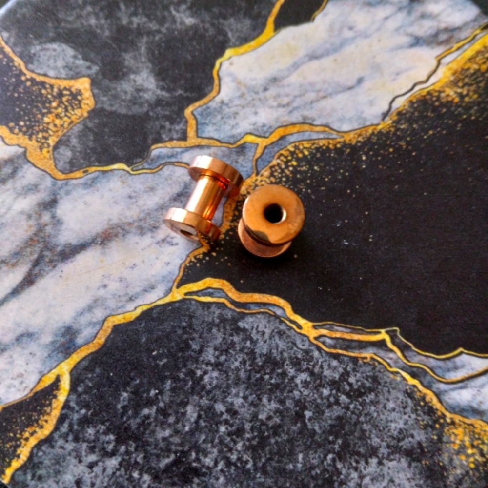 Pair Steel Rose Gold Colored Screw On Tunnels Earrings 6g